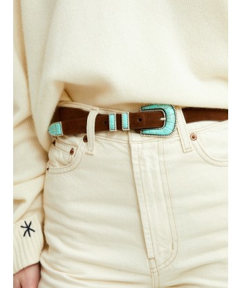 CRAZY BELT IN SOFT BROWN TURQUOISE LEATHER français