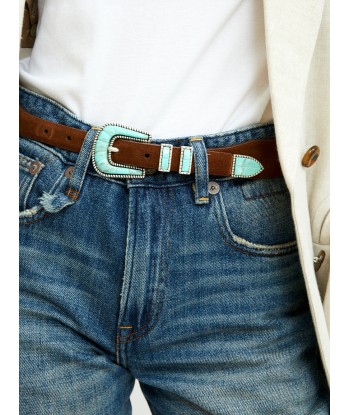 CRAZY BELT IN SOFT BROWN TURQUOISE LEATHER français